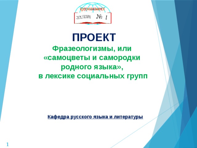  ПРОЕКТ  Фразеологизмы, или «самоцветы и самородки родного языка», в лексике социальных групп    Кафедра русского языка и литературы   