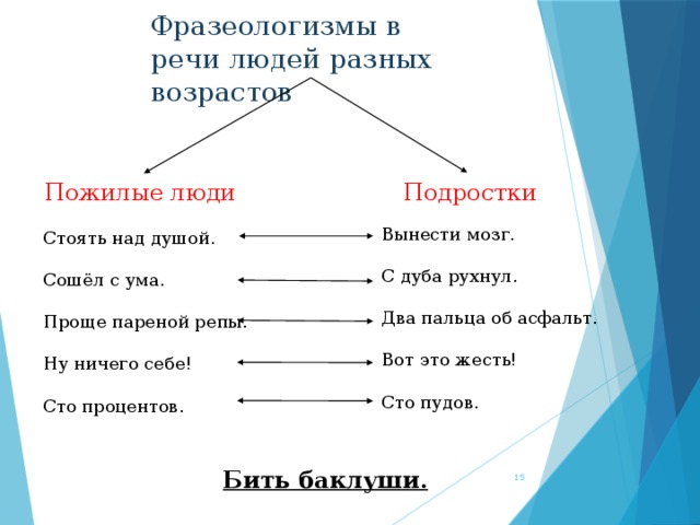 Фразеологизмы в речи людей разных возрастов Пожилые люди Подростки Вынести мозг. С дуба рухнул. Два пальца об асфальт. Вот это жесть! Сто пудов. Стоять над душой. Сошёл с ума. Проще пареной репы. Ну ничего себе! Сто процентов.  Бить баклуши.  