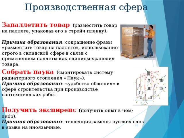 Производственная сфера Запаллетить товар ( разместить товар на паллете, упаковав его в стрейч-пленку).  Причина образования : сокращение фразы «разместить товар на паллете», использование строго в складской сфере в связи с применением паллеты как единицы хранения товара. Собрать паука ( смонтировать систему радиаторного отопления «Паук»). Причина образования : «удобство общения» в сфере строительства при производстве сантехнических работ. Получить экспиренс ( получить опыт в чем-либо). Причина образования : тенденция замены русских слов в языке на иноязычные.  