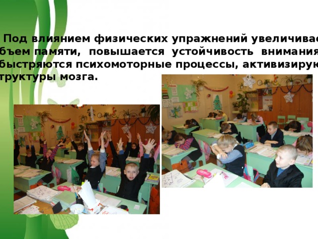  Под влиянием физических упражнений увеличивается объем памяти, повышается устойчивость внимания, убыстряются психомоторные процессы, активизируются структуры мозга. 