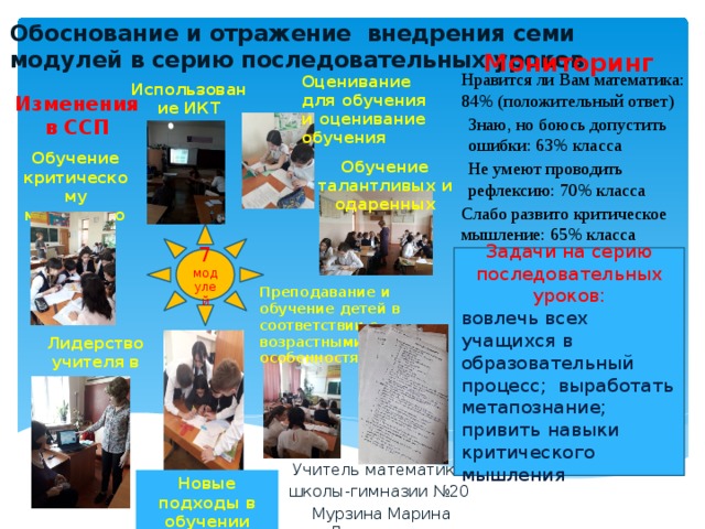 Обоснование и отражение внедрения семи модулей в серию последовательных уроков Мониторинг  Нравится ли Вам математика: 84% (положительный ответ) Оценивание для обучения и оценивание обучения Использование ИКТ Изменения в ССП Знаю, но боюсь допустить ошибки: 63% класса Обучение критическому мышлению Обучение талантливых и одаренных Не умеют проводить рефлексию: 70% класса Слабо развито критическое мышление: 65% класса 7 модулей Задачи на серию последовательных уроков: вовлечь всех учащихся в образовательный процесс; выработать метапознание; привить навыки критического мышления Преподавание и обучение детей в соответствии с возрастными особенностями Лидерство учителя в школе Учитель математики школы-гимназии №20 Мурзина Марина Леонидовна Новые подходы в обучении 