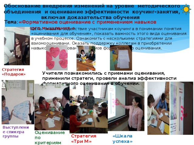 Обоснование внедрения изменений на уровне методического объединения и оценивание эффективности коучинг-занятия, включая доказательства обучения Тема : « Формативное оценивание с применением навыков критического мышления. » Цель: оказать содействие участникам коучинга в понимании понятия «оценивания для обучения», показать важность этого вида оценивания в учебном процессе. Ознакомить с несколькими стратегиями для взиомооценивани. Оказать поддержку коллегам в приобретении навыков использования приемов формативного оценивания. Стратегия «Подарок» Учителя познакомились с приемами оценивания, применили стратеги, провели анализ эффективности формативного оценивания в обучении. Выступление спикера группы Оценивание по критериям Стратегия «Три М» «Шкала успеха» 