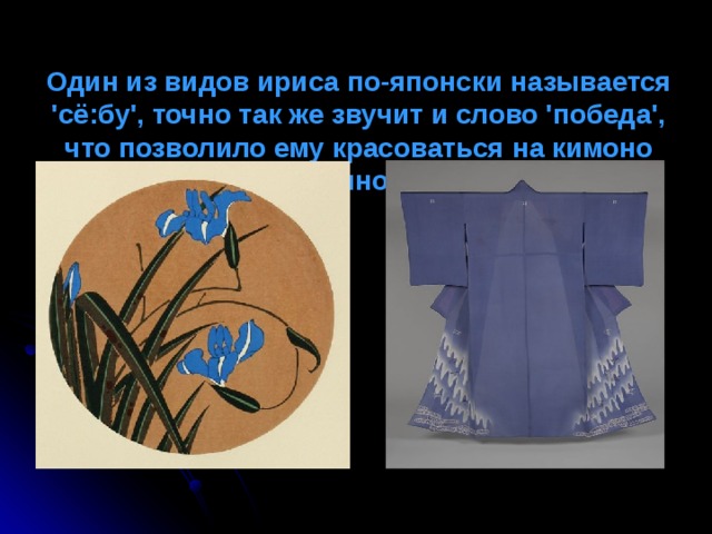 Один из видов ириса по-японски называется 'сё:бу', точно так же звучит и слово 'победа', что позволило ему красоваться на кимоно воинов.    