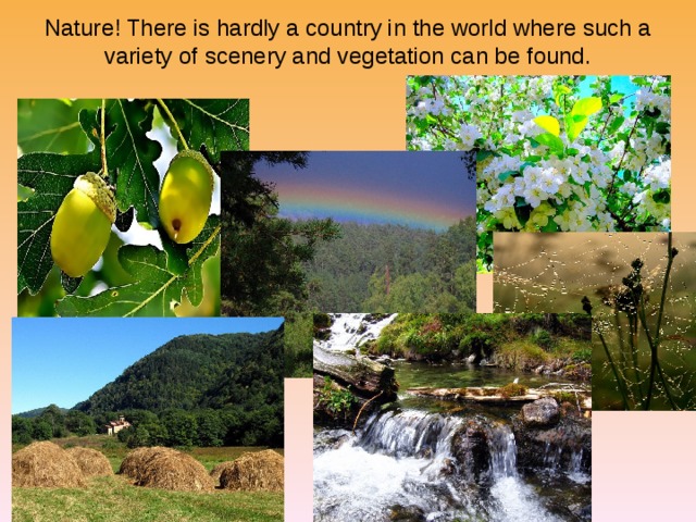 Nature! There is hardly a country in the world where such a variety of scenery and vegetation can be found. 