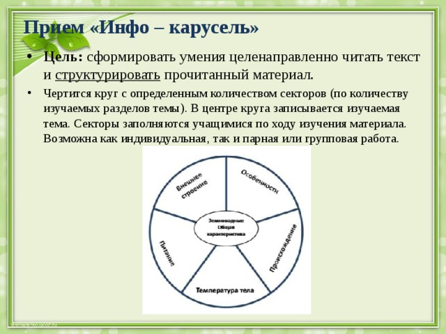 Прием «Инфо – карусель»   Цель:  сформировать умения целенаправленно читать текст и структурировать прочитанный материал. Чертится круг с определенным количеством секторов (по количеству изучаемых разделов темы). В центре круга записывается изучаемая тема. Секторы заполняются учащимися по ходу изучения материала. Возможна как индивидуальная, так и парная или групповая работа. 