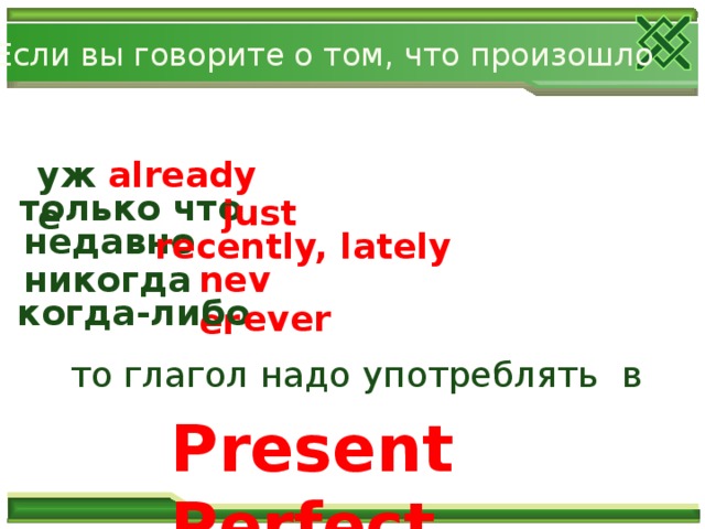 Если вы говорите о том, что произошло уже already только что just недавно recently, lately никогда never когда-либо ever то глагол надо  употреблять  в Present Perfect 