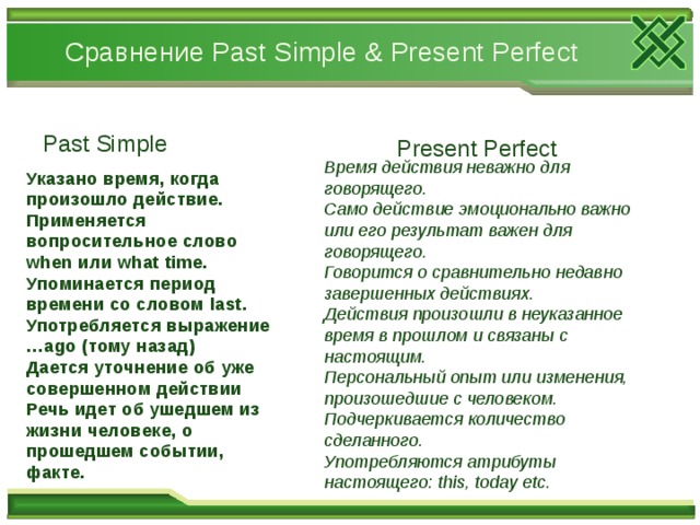 Сравнение Past Simple & Present Perfect Past Simple Present Perfect Время действия неважно для говорящего. Само действие эмоционально важно или его результат важен для говорящего. Говорится о сравнительно недавно завершенных действиях. Действия произошли в неуказанное время в прошлом и связаны с настоящим. Персональный опыт или изменения, произошедшие с человеком. Подчеркивается количество сделанного. Употребляются атрибуты настоящего: this, today etc. Указано время, когда произошло действие. Применяется вопросительное слово when или what time. Упоминается период времени со словом last. Употребляется выражение …ago (тому назад) Дается уточнение об уже совершенном действии Речь идет об ушедшем из жизни человеке, о прошедшем событии, факте. 