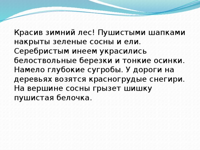 Красив зимний лес! Пушистыми шапками накрыты зеленые сосны и ели. Серебристым инеем украсились белоствольные березки и тонкие осинки. Намело глубокие сугробы. У дороги на деревьях возятся красногрудые снегири. На вершине сосны грызет шишку пушистая белочка . 