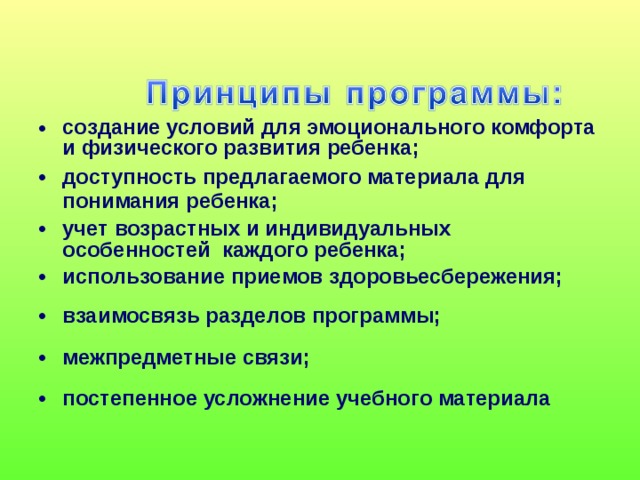 создание условий  для  эмоционального комфорта и физического развития ребенка ; доступность предлагаемого материала для понимания ребенка ; учет возрастных и индивидуальных особенностей каждого ребенка ; использование приемов здоровьесбережения; взаимосвязь разделов программы; межпредметные связи; постепенное усложнение учебного материала 