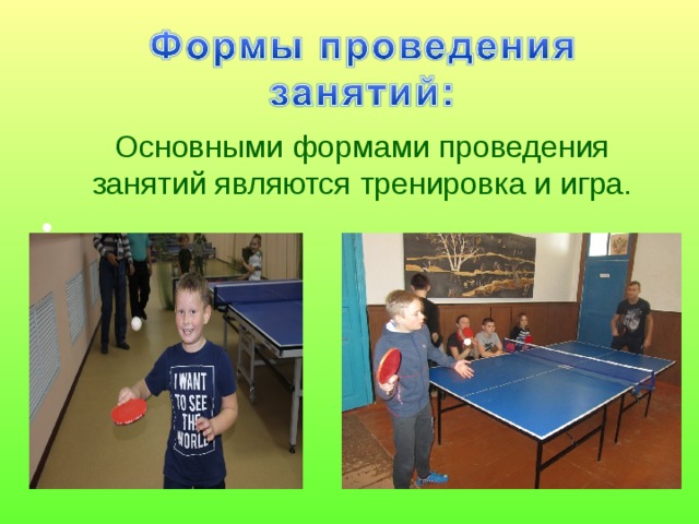  Основными формами проведения занятий являются тренировка и игра. 