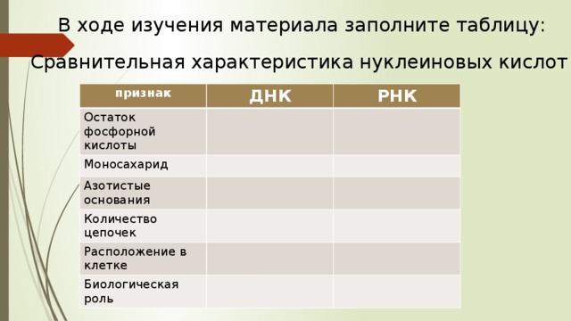 В ходе изучения материала заполните таблицу: Сравнительная характеристика нуклеиновых кислот признак ДНК Остаток фосфорной кислоты РНК Моносахарид Азотистые основания Количество цепочек Расположение в клетке Биологическая роль 