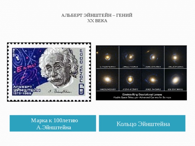  АЛЬБЕРТ ЭЙНШТЕЙН – ГЕНИЙ  XX ВЕКА    Марка к 100летию А.Эйнштейна Кольцо Эйнштейна 