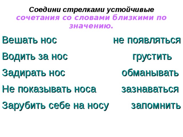 Соедини стрелками устойчивые сочетания со словами близкими по значению. Вешать нос не появляться Водить за нос грустить Задирать нос обманывать Не показывать носа зазнаваться Зарубить себе на носу запомнить   