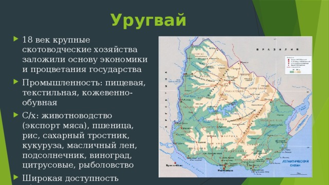 Чили Природные ресурсы: медь, селитра, железо, молибден, йод, сера, уголь, золото, цинк, лес, гидроэнергия Промышленность: горнодобывающая, металлургическая, текстильная, переработка рыбы, производство цемента С/х: пшеница, кукуруза, рис, картофель, сахарная свекла, фрукты, виноградарство,, овцы, козы, ламы, альпаки 
