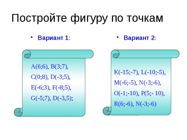 Постройте фигуру по точкам Вариант 2 : Вариант 1 : A(6;6), B(3;7), C(0;8), D(-3;5), E(-6;3), F(-8;5), G(-5;7), D(-3,5); K(-15;-7), L(-10;-5), M(-6;-5), N(-3;-6), O(-1;-10), P(5;- 10), R(6;-6), N(-3;-6) 