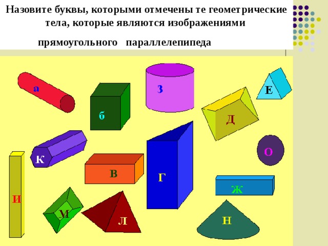 Назовите буквы, которыми отмечены те геометрические тела, которые являются изображениями прямоугольного параллелепипеда 