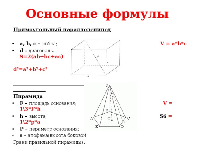 Основные формулы Прямоугольный параллелепипед  a, b, c – рёбра; V = a*b*c d – диагональ. S=2(ab+bc+ac)  d²=a²+b²+c²  ______________________________ _____________ Пирамида F – площадь основания; V = 1\3*F*h h – высота; S б  = 1\2*p*a P – периметр основания; a – апофема(высота боковой Грани правильной пирамиды) .  