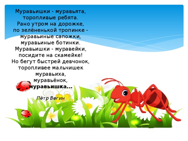 Муравьишки - муравьята, торопливые ребята. Рано утром на дорожке, по зелёненькой тропинке - муравьиные сапожки, муравьиные ботинки. Муравьишки - муравейки, посидите на скамейке! Но бегут быстрей девчонок, торопливее мальчишек муравьиха, муравьёнок, муравьишка... Пётр Вегин 