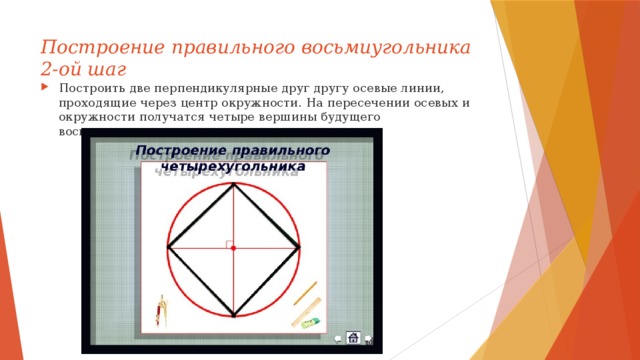 Построение правильного восьмиугольника  2-ой шаг Построить две перпендикулярные друг другу осевые линии, проходящие через центр окружности. На пересечении осевых и окружности получатся четыре вершины будущего восьмиугольника. 