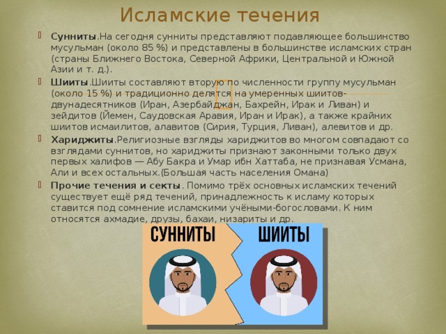 Исламские течения Сунниты .На сегодня сунниты представляют подавляющее большинство мусульман (около 85 %) и представлены в большинстве исламских стран (страны Ближнего Востока, Северной Африки, Центральной и Южной Азии и т. д.). Шииты .Шииты составляют вторую по численности группу мусульман (около 15 %) и традиционно делятся на умеренных шиитов-двунадесятников (Иран, Азербайджан, Бахрейн, Ирак и Ливан) и зейдитов (Йемен, Саудовская Аравия, Иран и Ирак), а также крайних шиитов исмаилитов, алавитов (Сирия, Турция, Ливан), алевитов и др. Хариджиты .Религиозные взгляды хариджитов во многом совпадают со взглядами суннитов, но хариджиты признают законными только двух первых халифов — Абу Бакра и Умар ибн Хаттаба, не признавая Усмана, Али и всех остальных.(Большая часть населения Омана) Прочие течения и секты . Помимо трёх основных исламских течений существует ещё ряд течений, принадлежность к исламу которых ставится под сомнение исламскими учёными-богословами. К ним относятся ахмадие, друзы, бахаи, низариты и др. 