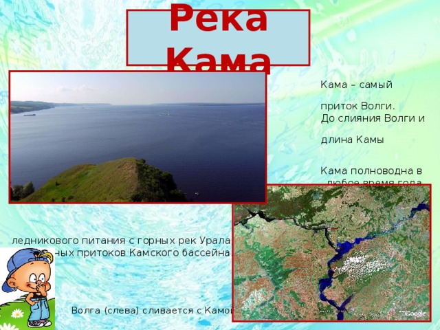 Река Кама  Кама – самый большой  приток Волги.  До слияния Волги и Камы  длина Камы составляет 1882 1882 км.  Кама полноводна в  любое время года за счет ледникового питания с горных рек Урала,  и северных притоков Камского бассейна.  Волга (слева) сливается с Камой 