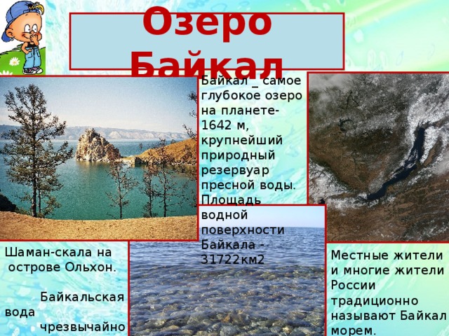 Озеро Байкал Байкал _ самое глубокое озеро на планете- 1642 м, крупнейший природный резервуар пресной воды. Площадь водной поверхности Байкала - 31722км2 Шаман-скала на  острове Ольхон.  Байкальская вода  чрезвычайно  прозрачна Местные жители и многие жители России традиционно называют Байкал морем. 