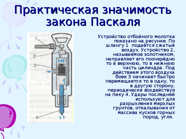 Практическая значимость закона Паскаля Устройство отбойного молотка показано на рисунке. По шлангу 1 подаётся сжатый воздух. Устройство 2, называемое золотником, направляет его поочерёдно то в верхнюю, то в нижнюю часть цилиндра. Под действием этого воздуха боек 3 начинает быстро перемещается то в одну, то в другую сторону, периодически воздействуя на пику 4. Удары последней используют для разрыхления мерзлых грунтов, откалывания от массива кусков горных пород, угля. 