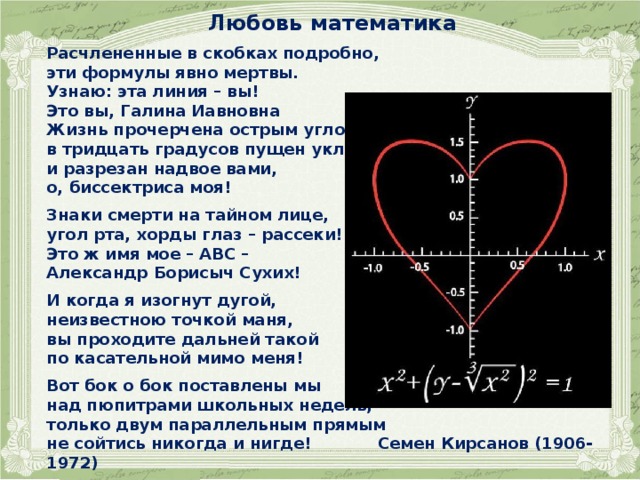 Любовь математика  Расчлененные в скобках подробно, эти формулы явно мертвы. Узнаю: эта линия – вы! Это вы, Галина Иавновна Жизнь прочерчена острым углом, в тридцать градусов пущен уклон, и разрезан надвое вами, о, биссектриса моя!  Знаки смерти на тайном лице, угол рта, хорды глаз – рассеки! Это ж имя мое – ABC – Александр Борисыч Сухих!   И когда я изогнут дугой, неизвестною точкой маня, вы проходите дальней такой по касательной мимо меня!   Вот бок о бок поставлены мы над пюпитрами школьных недель, – только двум параллельным прямым не сойтись никогда и нигде! Семен Кирсанов (1906-1972) 