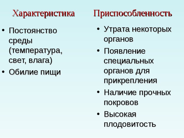 Характеристика Приспособленность Утрата некоторых органов Появление специальных органов для прикрепления Наличие прочных покровов Высокая плодовитость Постоянство среды (температура, свет, влага) Обилие пищи 