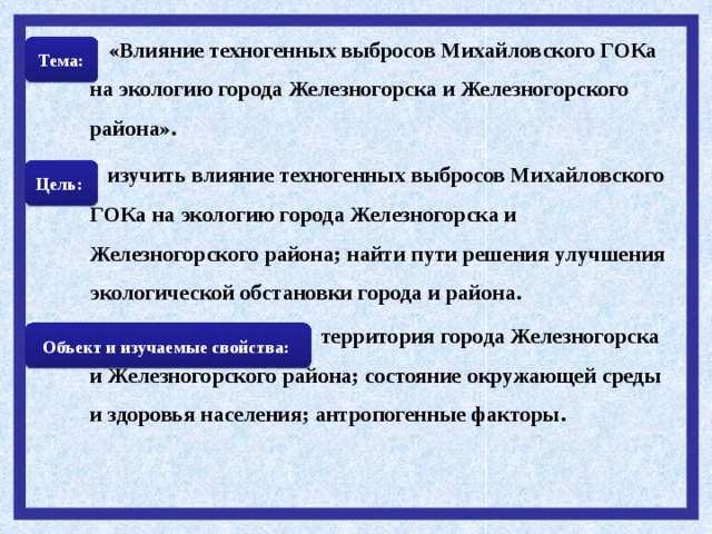  «Влияние техногенных выбросов Михайловского ГОКа на экологию города Железногорска и Железногорского района».   изучить влияние техногенных выбросов Михайловского ГОКа на экологию города Железногорска и Железногорского района; найти пути решения улучшения экологической обстановки города и района.  территория города Железногорска и Железногорского района; состояние окружающей среды и здоровья населения; антропогенные факторы. Тема: Цель: Объект и изучаемые свойства: 