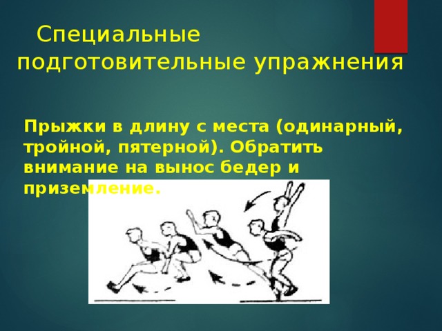  Специальные подготовительные упражнения Прыжки в длину с места (одинарный, тройной, пятерной). Обратить внимание на вынос бедер и приземление.  