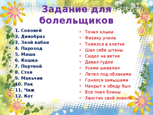 Задание для болельщиков 1. Соловей 2. Дикобраз 3. Злой кабан 4. Пароход 5. Маша 6. Кошка 7. Портной 8. Стол 9. Мальчик 10. Рак 11. Чиж 12. Кот Точил клыки Физику учила Томился в клетке Шил себе штаны Сидел на ветке Давал гудки Усами шевелил Летел под облаками Гонялся замышами Накрыт к обеду был Все поел блины Хвостик свой ловила  