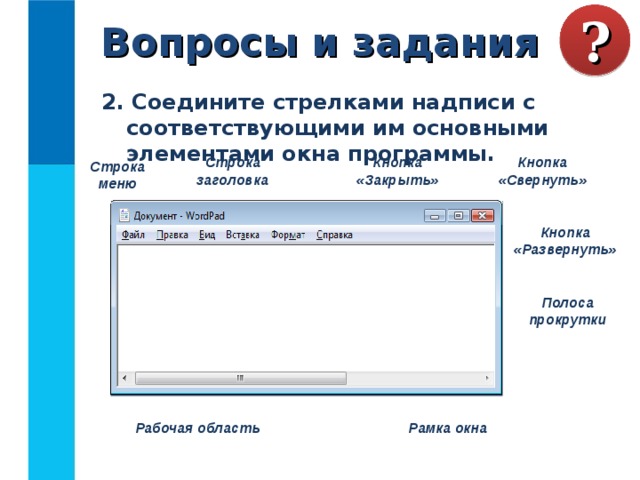 Вопросы и задания ? 2. Соедините стрелками надписи с соответствующими им основными элементами окна программы. Строка заголовка Кнопка «Свернуть» Кнопка «Закрыть» Строка меню Кнопка «Развернуть» Полоса прокрутки Рамка окна Рабочая область 