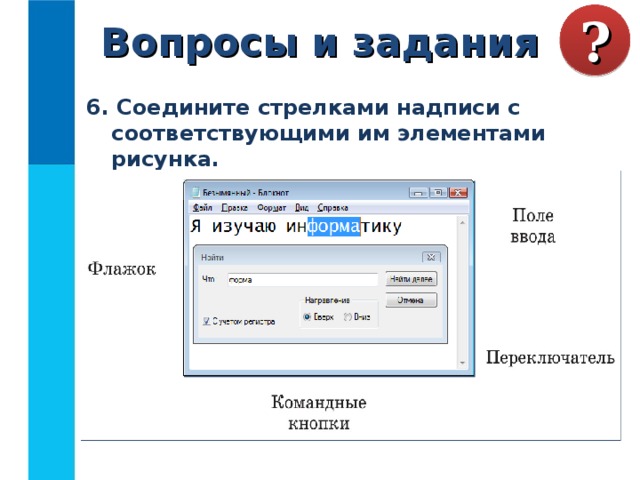 Вопросы и задания ? 6. Соедините стрелками надписи с соответствующими им элементами рисунка. 