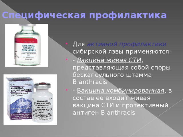 Специфическая профилактика Для активной профилактики сибирской язвы применяются: - Вакцина живая СТИ , представляющая собой споры бескапсульного штамма B.anthracis - В акцина комбинированная , в состав ее входит живая вакцина СТИ и протективный антиген B.anthracis  