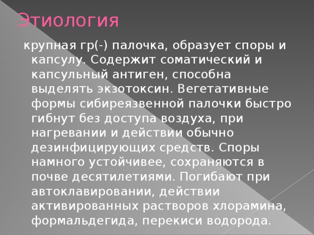 Этиология  крупная гр(-) палочка, образует споры и капсулу. Содержит соматический и капсульный антиген, способна выделять экзотоксин. Вегетативные формы сибиреязвенной палочки быстро гибнут без доступа воздуха, при нагревании и действии обычно дезинфицирующих средств. Споры намного устойчивее, сохраняются в почве десятилетиями. Погибают при автоклавировании, действии активированных растворов хлорамина, формальдегида, перекиси водорода.  
