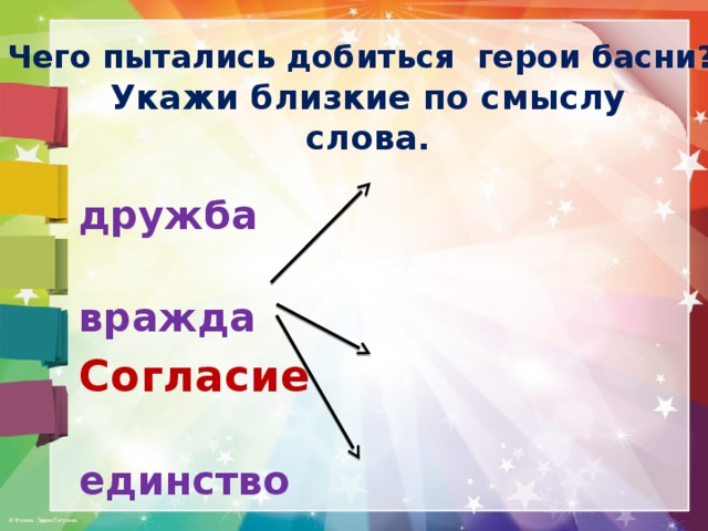 Чего пытались добиться герои басни?   дружба  вражда Согласие  единство  раздор  лад Укажи близкие по смыслу слова. 