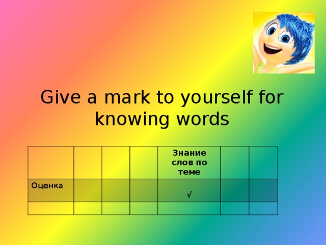 Give a mark to yourself for knowing words Оценка Знание слов по теме  √ 