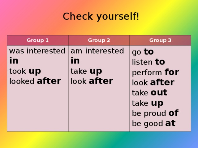 Check yourself! Group 1 Group 2 was interested in took up looked after Group 3 am interested in take up look after go to listen to perform for look after take out take up be proud of be good at 