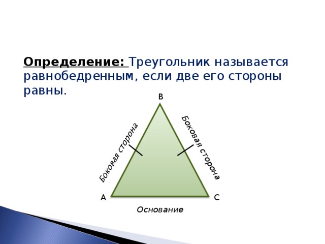 Боковая сторона Определение: Треугольник называется равнобедренным, если две его стороны равны. B A C Основание 