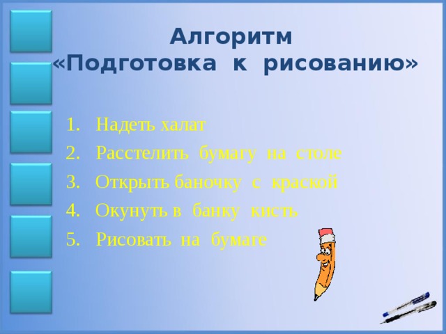 Алгоритм  «Подготовка к рисованию» Надеть халат Расстелить бумагу на столе Открыть баночку с краской Окунуть в банку кисть Рисовать на бумаге 