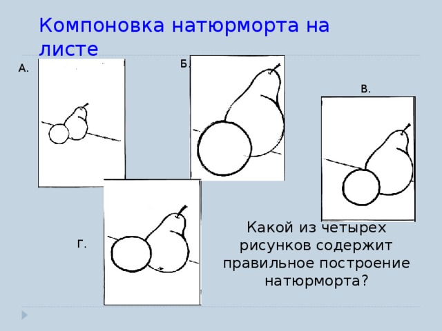 Компоновка натюрморта на листе Б. А. В. Г. Какой из четырех рисунков содержит правильное построение натюрморта? 