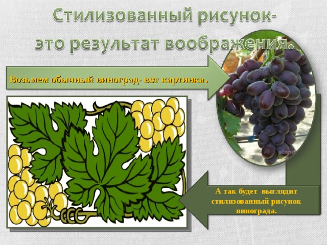 Возьмем обычный виноград- вот картинка . А так будет выглядит стилизованный рисунок винограда. 