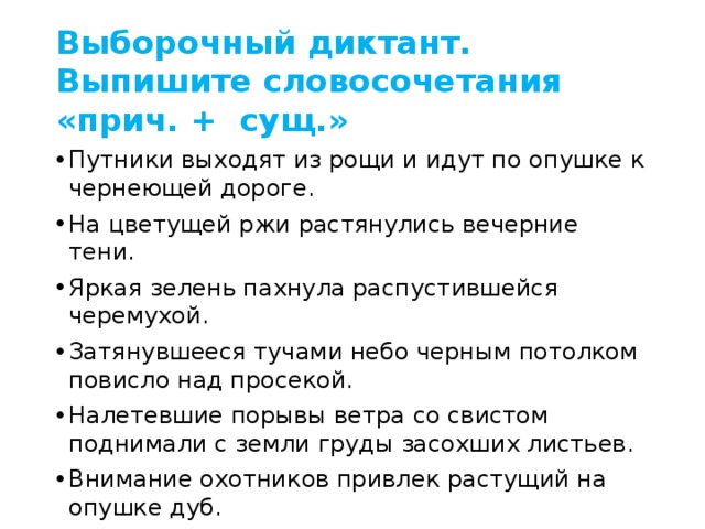 Выборочный диктант. Выпишите словосочетания «прич. + сущ.» Путники выходят из рощи и идут по опушке к чернеющей дороге. На цветущей ржи растянулись вечерние тени. Яркая зелень пахнула распустившейся черемухой. Затянувшееся тучами небо черным потолком повисло над просекой. Налетевшие порывы ветра со свистом поднимали с земли груды засохших листьев. Внимание охотников привлек растущий на опушке дуб.  Догоравший костер еще дымился. 