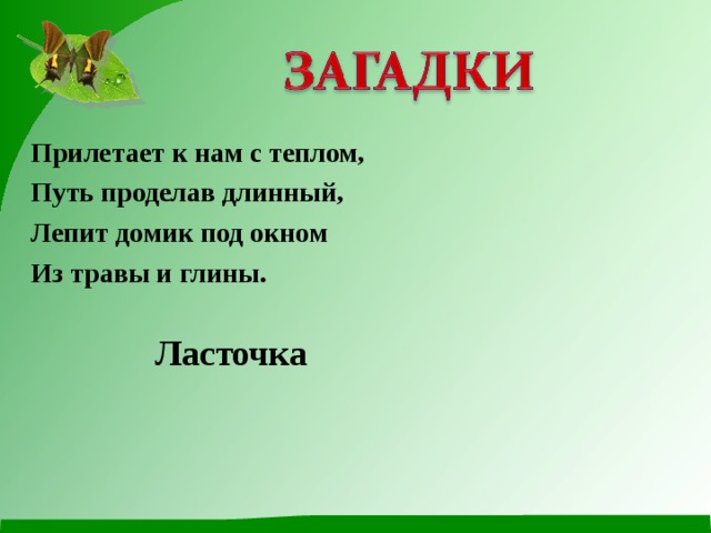 Прилетает к нам с теплом, Путь проделав длинный, Лепит домик под окном Из травы и глины. Ласточка 