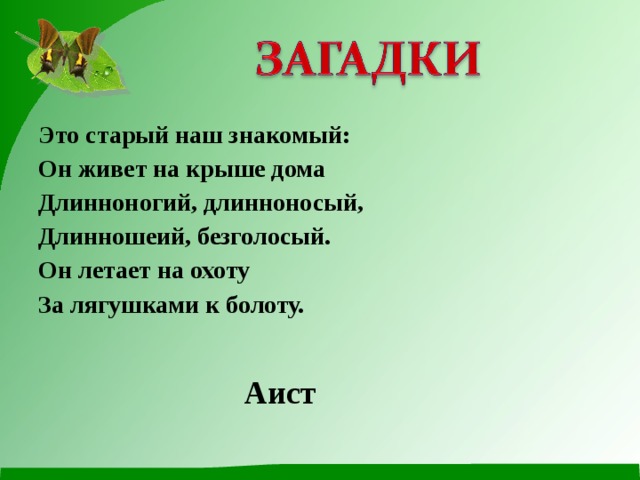 Это старый наш знакомый: Он живет на крыше дома Длинноногий, длинноносый, Длинношеий, безголосый. Он летает на охоту За лягушками к болоту. Аист 