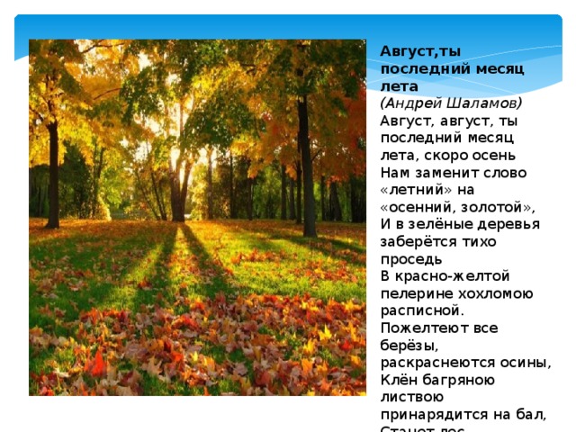 Август,ты последний месяц лета  (Андрей Шаламов) Август, август, ты последний месяц лета, скоро осень  Нам заменит слово «летний» на «осенний, золотой»,  И в зелёные деревья заберётся тихо проседь  В красно-желтой пелерине хохломою расписной. Пожелтеют все берёзы, раскраснеются осины,  Клён багряною листвою принарядится на бал,  Станет лес неповторимым, по-осеннему красивым,  К нам придёт царица-осень – ярких листьев карнавал 