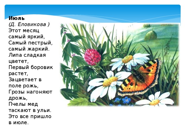 Июль  (Д. Еловикова ) Этот месяц самый яркий,  Самый пестрый, самый жаркий.  Липа сладкая цветет,  Первый боровик растет, Зацветает в поле рожь,  Грозы нагоняют дрожь,  Пчелы мед таскают в ульи.  Это все пришло в июле. 
