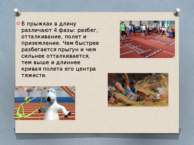В прыжках в длину различают 4 фазы: разбег, отталкивание, полет и приземление. Чем быстрее разбегается прыгун и чем сильнее отталкивается, тем выше и длиннее кривая полета его центра тяжести. 
