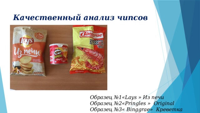 Качественный анализ чипсов Образец №1«Lays » Из печи Образец №2«Pringles » Original Образец №3« Вinggrae» Креветка чипсы 